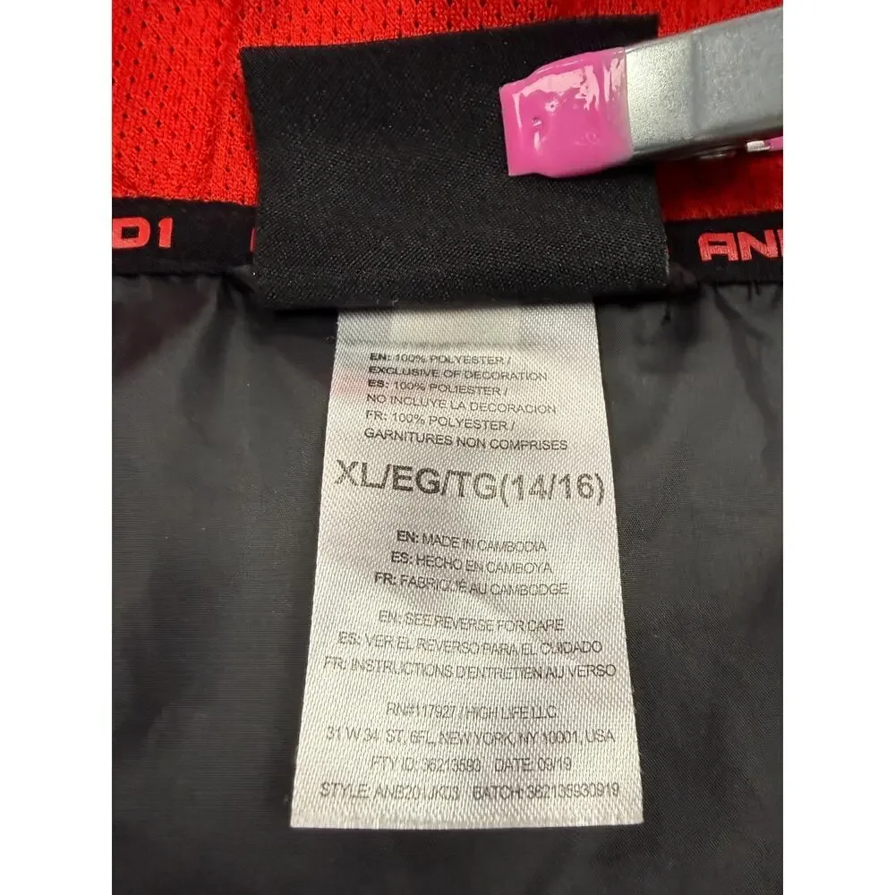 AND1 Youth Windbreaker Jacket Red Black Athletic Hooded Zip Lightweight XL 14/16